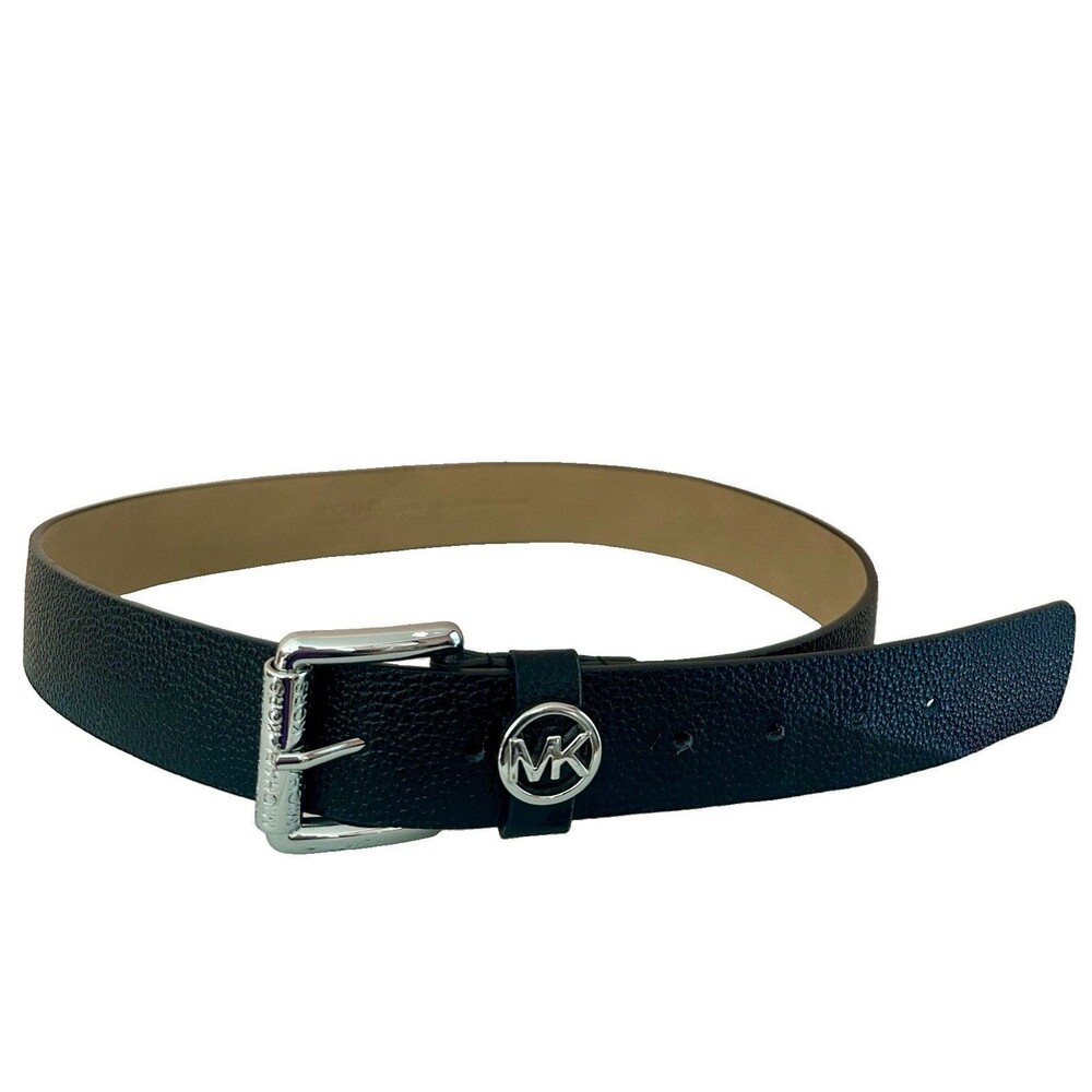 Michael Kors Black Pebbled Leather Belt MK Logo Silver Roller Buckle Logo Size M